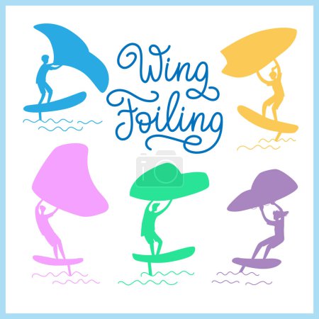 Poster with wing foiling people silhouette and lettering.  Vector color illustration on the white background.