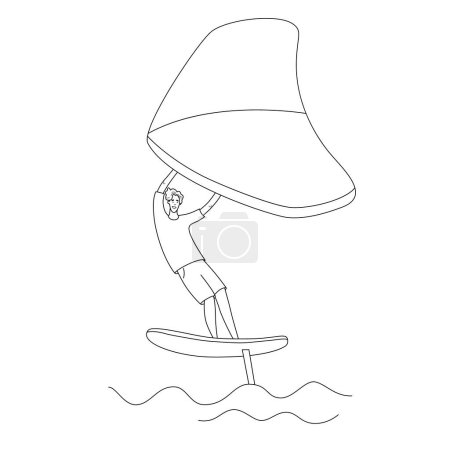 Hombre de pie sobre un tablero, se aferra a un ala y mueve el tablero a través del agua. Deporte de foiling ala. Ilustración aislada vectorial en estilo de línea.