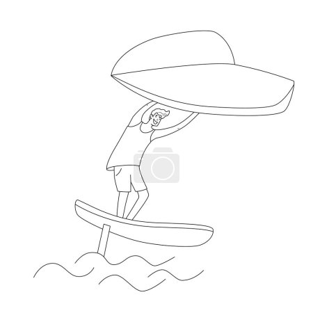 Hombre de pie sobre un tablero, se aferra a un ala y mueve el tablero a través del agua. Deporte de foiling ala. Ilustración aislada vectorial en estilo de línea.