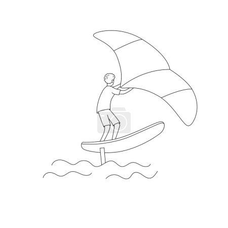 Man standing on a board, holds onto a wing and moves the board across the water. Wing foiling sport. Vector isolated  illustration in line style.