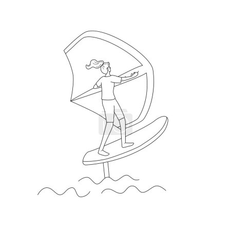 Woman standing on a board, holds onto a wing and moves the board across the water. Wing foiling sport. Vector isolated  illustration in line style.