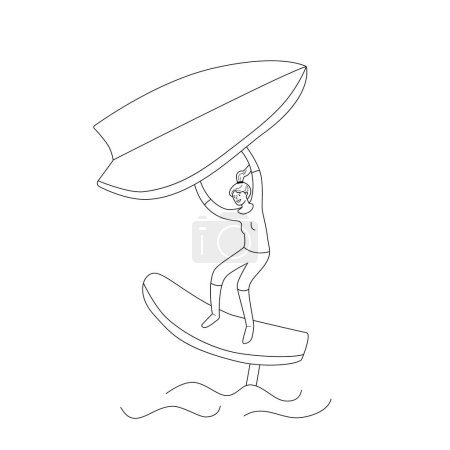 Mujer de pie sobre un tablero, se aferra a un ala y mueve el tablero a través del agua. Deporte de foiling ala. Ilustración aislada vectorial en estilo de línea.