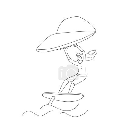 Woman standing on a board, holds onto a wing and moves the board across the water. Wing foiling sport. Vector isolated  illustration in line style.