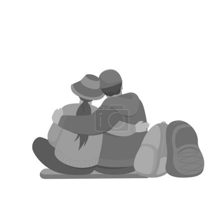 A couple of tourists with backpacks are sitting hugging each other. Back view. Vector isolated grayscale illustration in flat style.