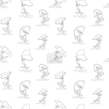 Seamless pattern with wing foiling people in line style. Vector illustration on the white background.