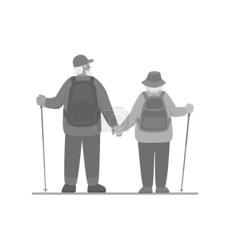 Illustration for Senior man and woman with backpacks and hiking poles are standing. Back view. Vector isolated grayscale illustration in flat style. - Royalty Free Image