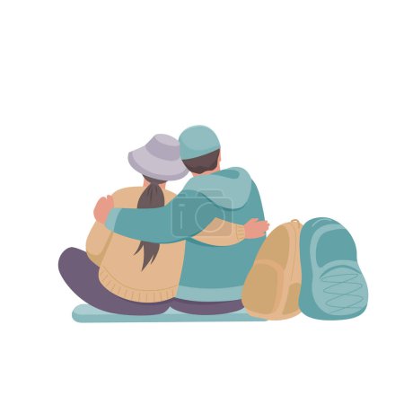 A couple of tourists with backpacks are sitting hugging each other. Back view. Vector isolated color illustration in flat style.