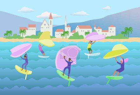 L'homme debout sur une planche, s'accroche à une aile et déplace la planche à travers l'eau. Paysage marin avec aile déjouant les gens. Illustration vectorielle couleur.