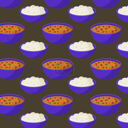 Illustration for Seamless pattern with tom yam and rice. Illustration of Asian food - Royalty Free Image
