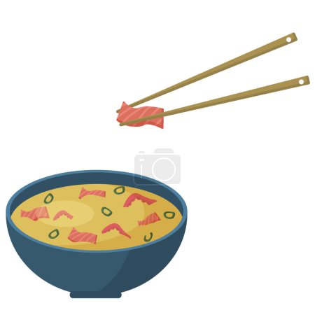 Illustration for Asian soup with salmon and octopus. Illustration of tom yam with chopsticks - Royalty Free Image