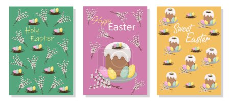 Ilustración de Conjunto de plantillas para tarjetas de vacaciones. Ilustraciones de pasteles de Pascua con huevos de colores en nidos y ramas de sauce. - Imagen libre de derechos