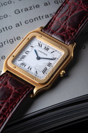 Photo for Milano Italy_ November 9 2023. Ultra-thin Cartier Santos Dumont model manual winding watch. - Royalty Free Image
