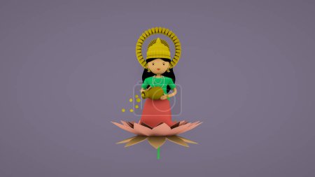 Photo for Laxmi 3D illustration Cute Lakshmi devi with gold coin and Lotus cartoon image 3D rendering - Royalty Free Image