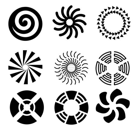 Illustration for Set of spiral and circles elements, black isolated objects. Icons set isolated on black. Design element for frame, logo, web pages, prints, posters, template, abstract vector background - Royalty Free Image