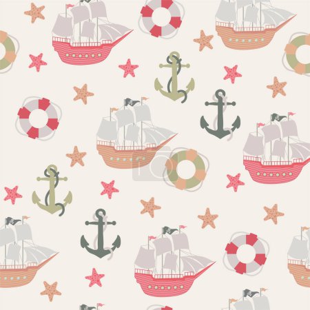 Photo for Vector seamless pattern with ship, anchor, lifebuoy.Underwater cartoon creatures.Marine background.Cute ocean pattern for fabric, childrens clothing,textiles,wrapping paper. - Royalty Free Image