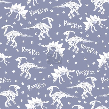 Illustration for Seamless vector pattern with dinosaur skeleton. Original design with dinosaurs for children. Print for T-shirts, textiles, wrapping papers, webb. - Royalty Free Image