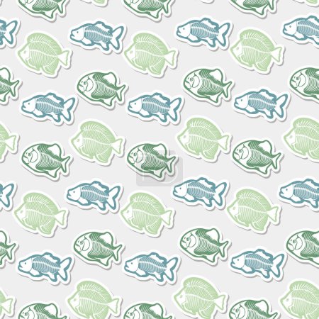 Illustration for Sticker vector pattern with fish skeleton. Original design with fish for children. Print for T-shirts, textiles, wrapping papers, webb. - Royalty Free Image