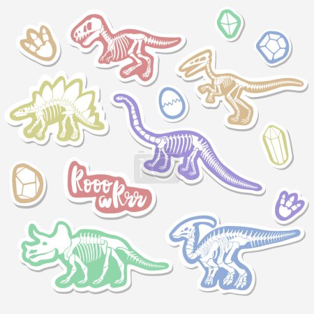 Vector sticker set with dinosaur skeleton isolated on a white background. Original design with dinosaur for children. Print for T-shirts, textiles, wrapping papers, webb.