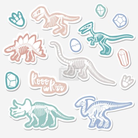 Illustration for Vector sticker set with dinosaur skeleton isolated on a white background. Original design with dinosaur for children. Print for T-shirts, textiles, wrapping papers, webb. - Royalty Free Image