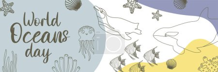 Photo for Vector ocean illustration with killer whale,jellyfish,penguin,scalaria,corals. Worlg oceans day - modern lettering.Underwater marine animals.Ecology design for banner,flyer,postcard, website,poster. - Royalty Free Image