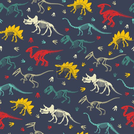 Illustration for Seamless vector pattern with dinosaur skeleton. Original design with dinosaurs for children. Print for T-shirts, textiles, wrapping papers, webb. - Royalty Free Image