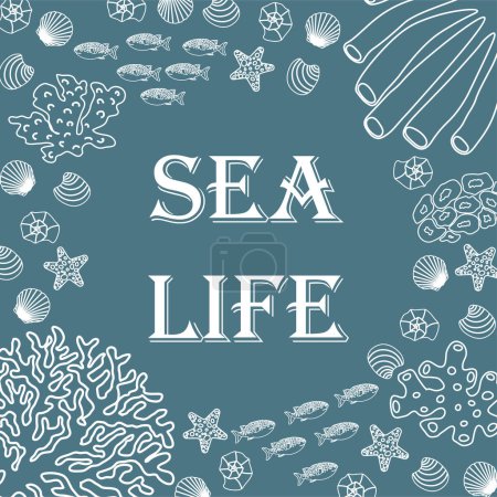 Photo for Vector ocean illustration with fish, shells, corals, algae. Sea life - modern lettering.Underwater marine animals.Ecology design for banner,flyer,postcard, website design,t-shirt,poster. - Royalty Free Image