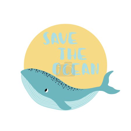 Ilustración de Vector ocean illustration with whale.Save the Ocean - modern lettering.Underwater marine animals.Ecology design for banner,flyer,postcard, website design,t-shirt,poster. - Imagen libre de derechos