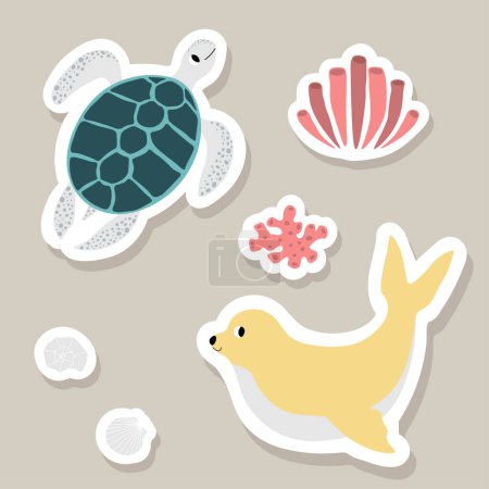 Téléchargez les illustrations : Cute vector stickers set with turtle, seal, algae, corals, shells.Underwater cartoon creatures.Marine animals.Cute ocean illustration for fabric, childrens clothing,book, postcard,wrapping paper. - en licence libre de droit