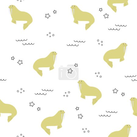 Téléchargez les illustrations : Vector seamless pattern with walrus.Underwater cartoon creatures.Marine background.Cute ocean pattern for fabric, childrens clothing,textiles,wrapping paper. - en licence libre de droit