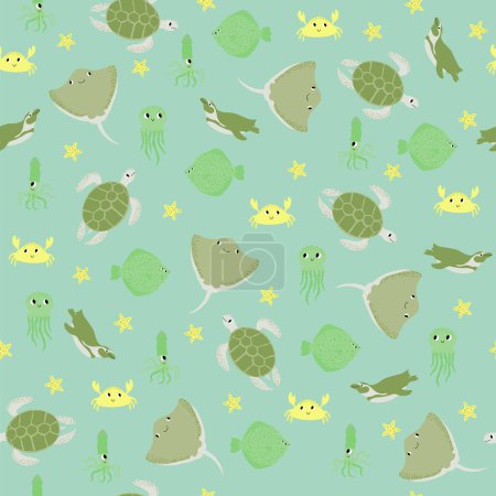 Illustration for Vector seamless pattern with devilfish,crab,jellyfish,flounder,squid,penguin.Underwater cartoon creatures.Marine background.Cute ocean pattern for fabric, childrens clothing,textiles,wrapping paper. - Royalty Free Image