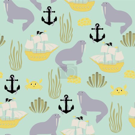Téléchargez les illustrations : Vector seamless pattern with walrus, ship, crab, anchor, seaweed.Underwater cartoon creatures.Marine background.Cute ocean pattern for fabric, childrens clothing,textiles,wrapping paper. - en licence libre de droit