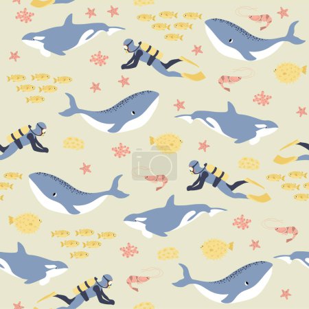 Illustration for Vector seamless pattern with whale, killer whale,diver,shrimp,algae.Underwater cartoon creatures.Marine background.Cute ocean pattern for fabric, childrens clothing,textiles,wrapping paper. - Royalty Free Image