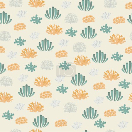 Téléchargez les illustrations : Vector seamless pattern with algae, corals.Underwater cartoon creatures.Marine background.Cute ocean pattern for fabric, childrens clothing,textiles,wrapping paper. - en licence libre de droit