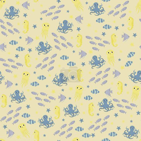 Téléchargez les illustrations : Vector seamless pattern with clownfish,seahorse,jellyfish,octopus,scalaria fish.Underwater cartoon creatures.Marine background.Cute ocean pattern for fabric,childrens clothing,textiles,wrapping paper. - en licence libre de droit