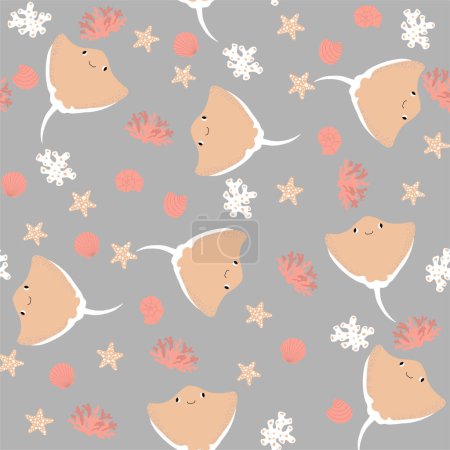 Illustration for Vector seamless pattern with devilfish, starfish, algae.Underwater cartoon creatures.Marine background.Cute ocean pattern for fabric, childrens clothing,textiles,wrapping paper. - Royalty Free Image