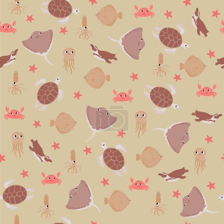 Téléchargez les illustrations : Vector seamless pattern with devilfish,crab,jellyfish,flounder,squid,penguin.Underwater cartoon creatures.Marine background.Cute ocean pattern for fabric, childrens clothing,textiles,wrapping paper. - en licence libre de droit