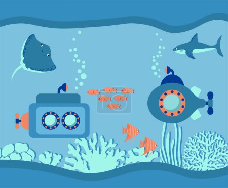 Ilustración de Ilustración del océano vectorial con submarino, tiburón, pez diablo, peces, algas, corales.Animales marinos submarinos.Diseño ecológico para pancarta, volante, postal, diseño de sitios web, póster. - Imagen libre de derechos