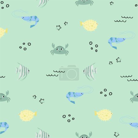 Photo for Vector seamless pattern with shrimp, crab, fugu fish, scalaria fish.Underwater cartoon creatures.Marine background.Cute ocean pattern for fabric, childrens clothing,textiles,wrapping paper. - Royalty Free Image