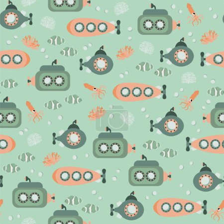 Photo for Vector seamless pattern with submarine, clownfish, squid, algae.Underwater cartoon creatures.Marine background.Cute ocean pattern for fabric, childrens clothing,textiles,wrapping paper. - Royalty Free Image