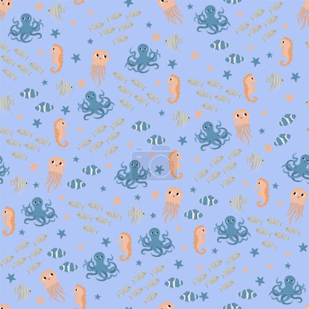 Téléchargez les illustrations : Vector seamless pattern with clownfish,seahorse,jellyfish,octopus,scalaria fish.Underwater cartoon creatures.Marine background.Cute ocean pattern for fabric,childrens clothing,textiles,wrapping paper. - en licence libre de droit