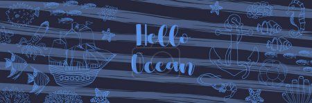 Ilustración de Ilustración del océano vectorial con barco, boya salvavidas, ancla, calamar, peces, corales. Hola océano - letras modernas.Animales marinos subacuáticos.Diseño para pancarta, volante, postal, diseño de sitios web, camiseta, póster. - Imagen libre de derechos