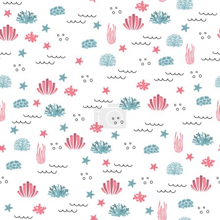 Foto de Vector seamless pattern with algae, corals.Underwater cartoon creatures.Marine background.Cute ocean pattern for fabric, childrens clothing,textiles,wrapping paper. - Imagen libre de derechos