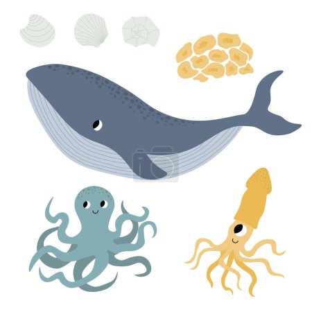 Illustration for Cute vector ocean set with killer whale, octopus, seashells, corals.Underwater cartoon creatures.Marine animals.Cute illustration for fabric, childrens clothing,book, postcard,wrapping paper. - Royalty Free Image