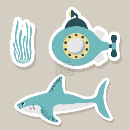 Photo for Cute vector stickers set with submarine, shark, algae.Underwater cartoon creatures.Marine animals.Cute ocean illustration for fabric, childrens clothing,book, postcard,wrapping paper. - Royalty Free Image