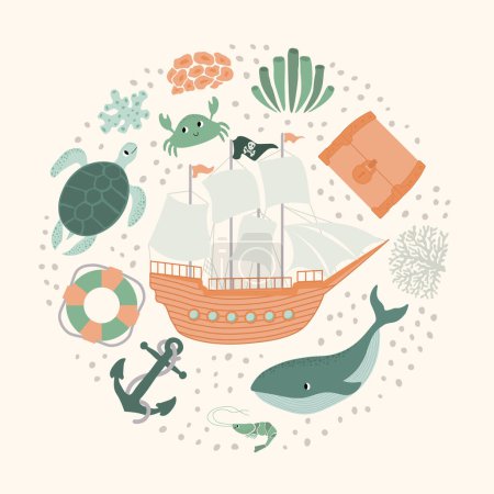 Illustration for Vector ocean illustration with ship,whale,treasure chest,turtle,anchor, lifebuoy, crab, shrimp, coral.Underwater marine animals.Ecology design for banner,flyer,postcard, website design,t-shirt,poster. - Royalty Free Image