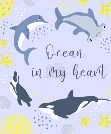 Ilustración de Ilustración vectorial del océano con pingüino, delfín, ballena asesina, pez martillo, corales. Ocean in my heart - modern lettering.Animales subacuáticos.Diseño ecológico para pancarta, volante, postal, sitio web, póster. - Imagen libre de derechos
