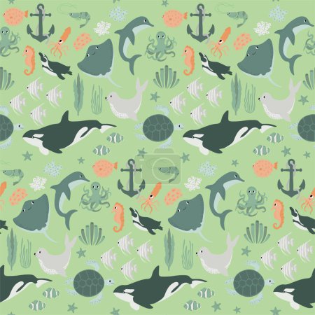 Illustration for Vector seamless pattern with devil fish,orca,turtle,octopus,shrimp,seahorse,squid,penguin,seal.Underwater cartoon creatures.Cute ocean pattern for fabric, childrens clothing,textiles,wrapping paper. - Royalty Free Image