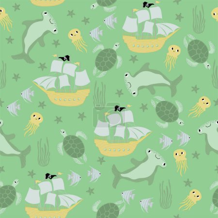 Photo for Vector seamless pattern with ship hammerhead fish,turtle,starfish, jellyfish.Underwater cartoon creatures.Marine background.Cute ocean pattern for fabric, childrens clothing,textiles,wrapping paper. - Royalty Free Image