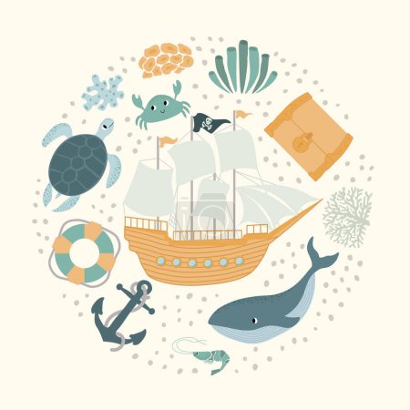 Illustration for Vector ocean illustration with ship,whale,treasure chest,turtle,anchor, lifebuoy, crab, shrimp, coral.Underwater marine animals.Ecology design for banner,flyer,postcard, website design,t-shirt,poster. - Royalty Free Image