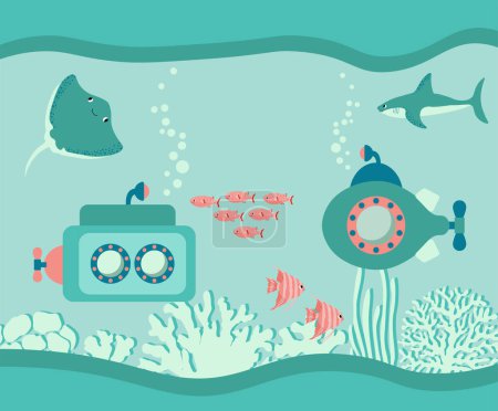 Vector ocean illustration with submarine, shark, devilfish, fish, algae, corals.Underwater marine animals.Ecology design for banner,flyer,postcard, website design,poster.